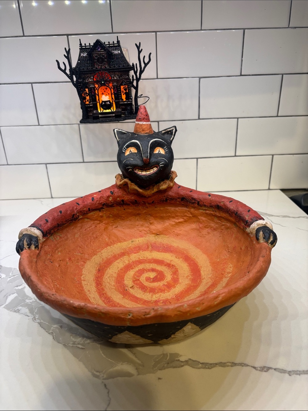 Johanna Parker Paper Mache Whimsical  Halloween Cat Bowl with Spiral middle